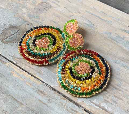 Multicolor & Gold Dahlia Handmade Crochet Earrings