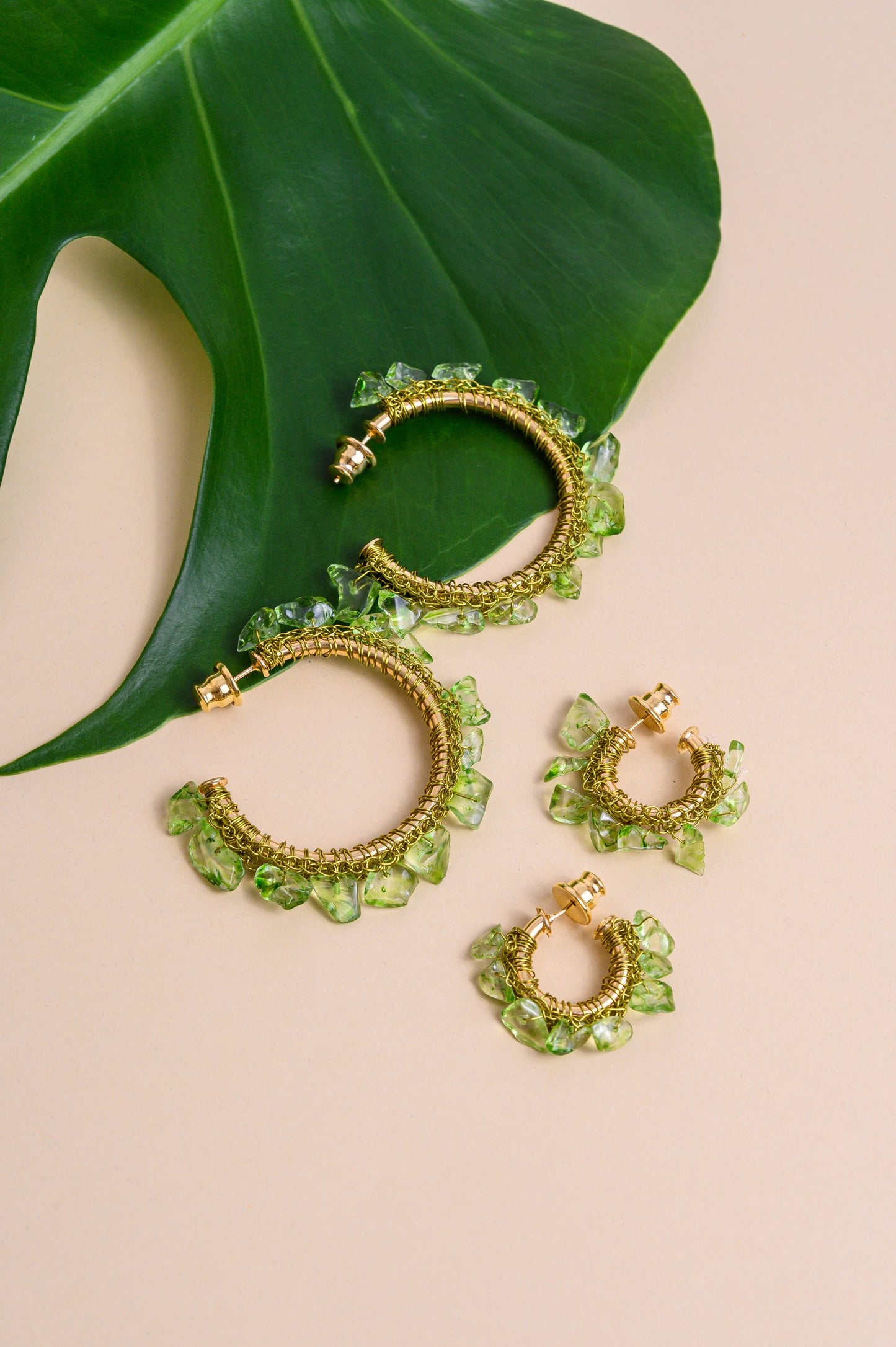 Jade Green Mix Rocks Hoops Handmade Crochet Earrings