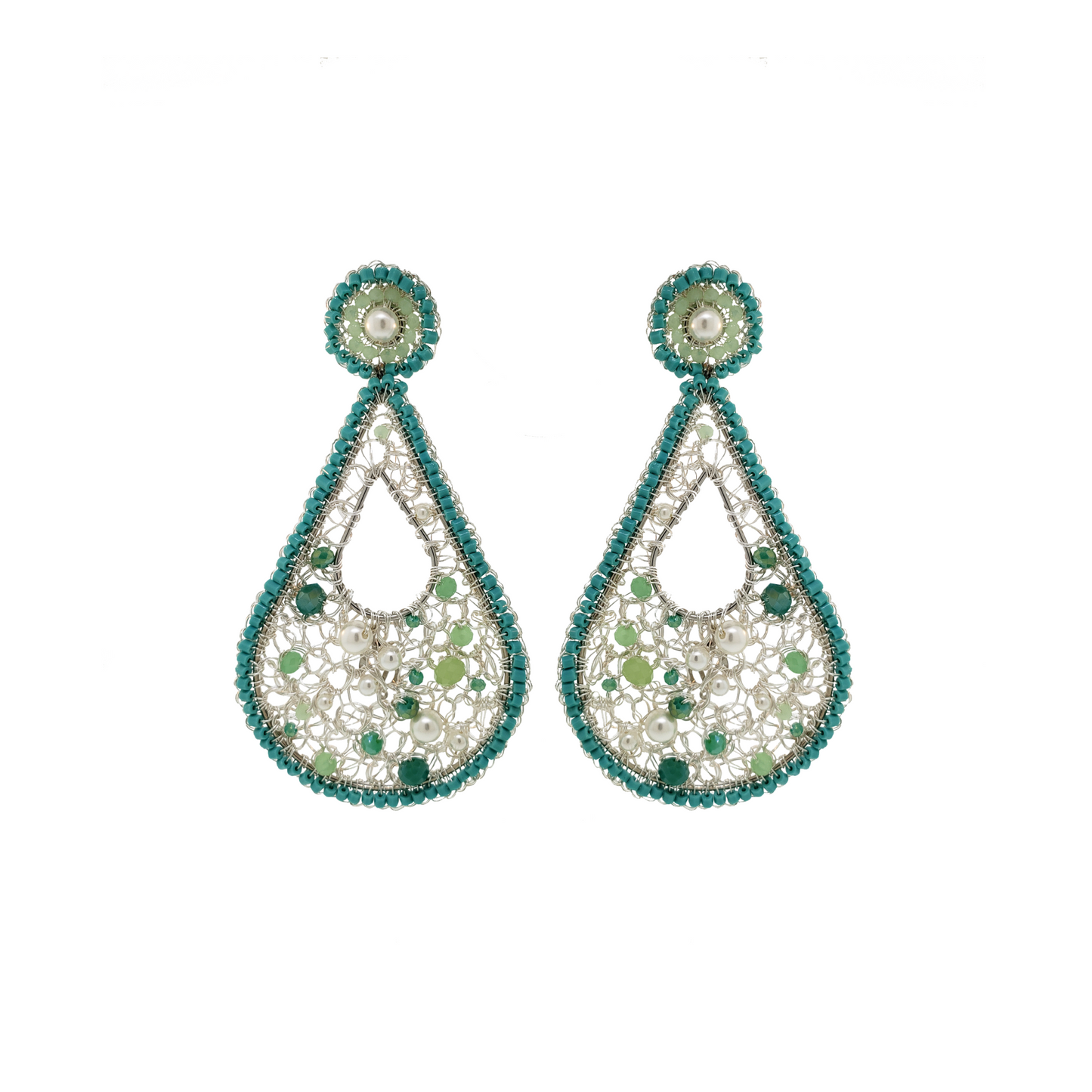 Turquoise Mix Open Mesh Teardrop Crochet Earrings