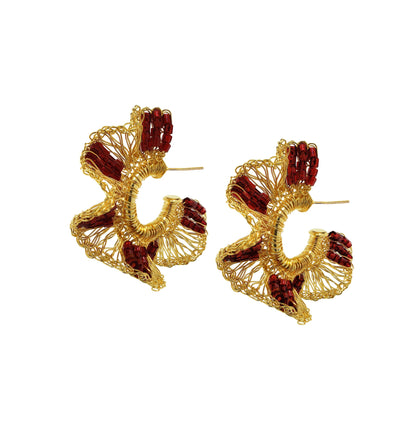 Red & Gold Gaia Hoops Handmade Crochet Earrings