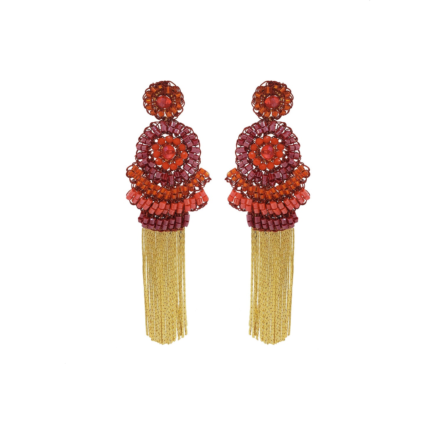 Coral Red Mix Ripples Fringe Handmade Crochet Earrings