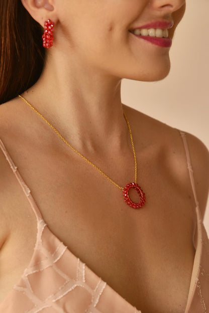 Red Crystal Circle Pendant Handmade Crochet Necklace