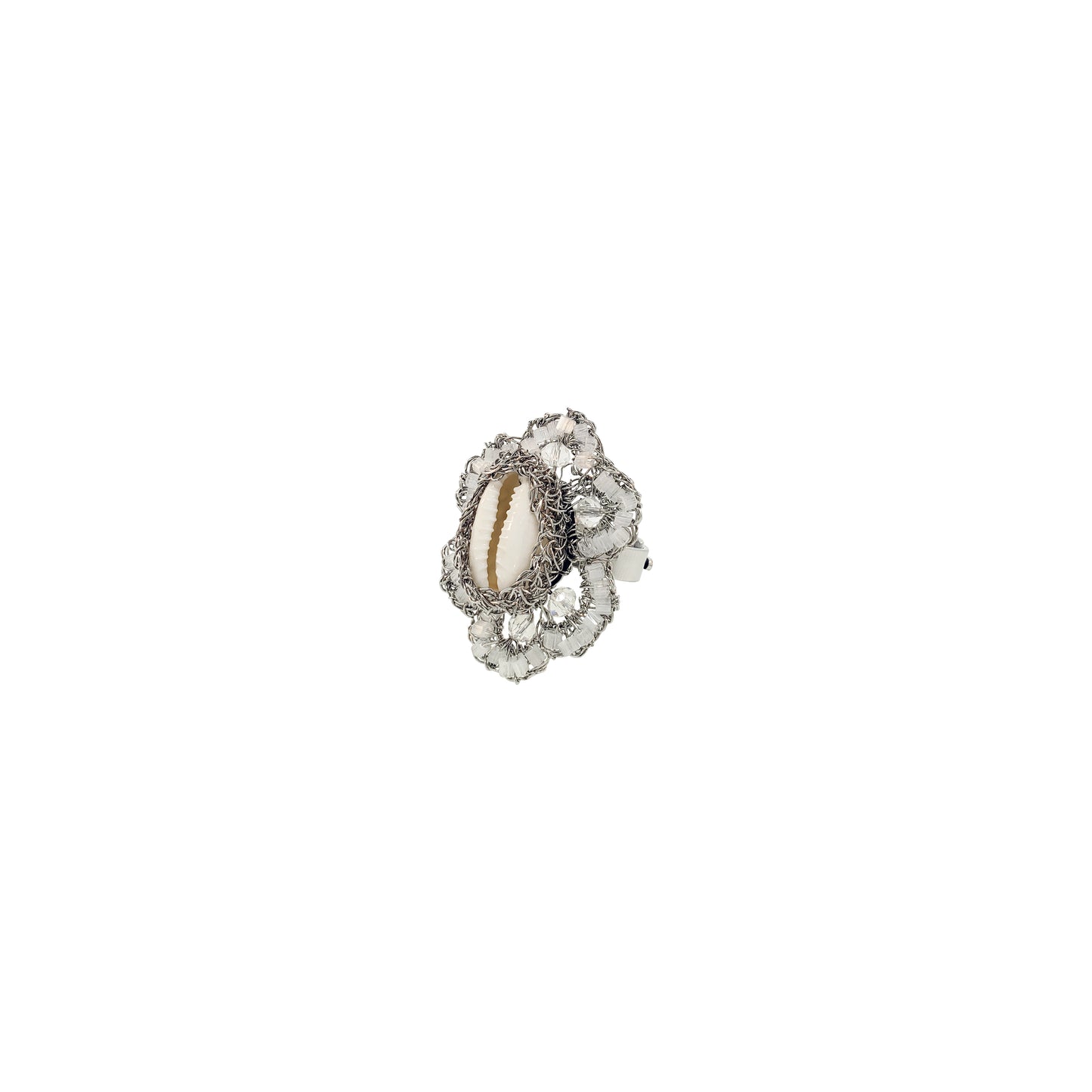 Cream White & Silver Cowrie Handmade Crochet Ring