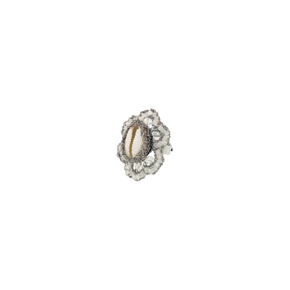 Cream White & Silver Cowrie Handmade Crochet Ring