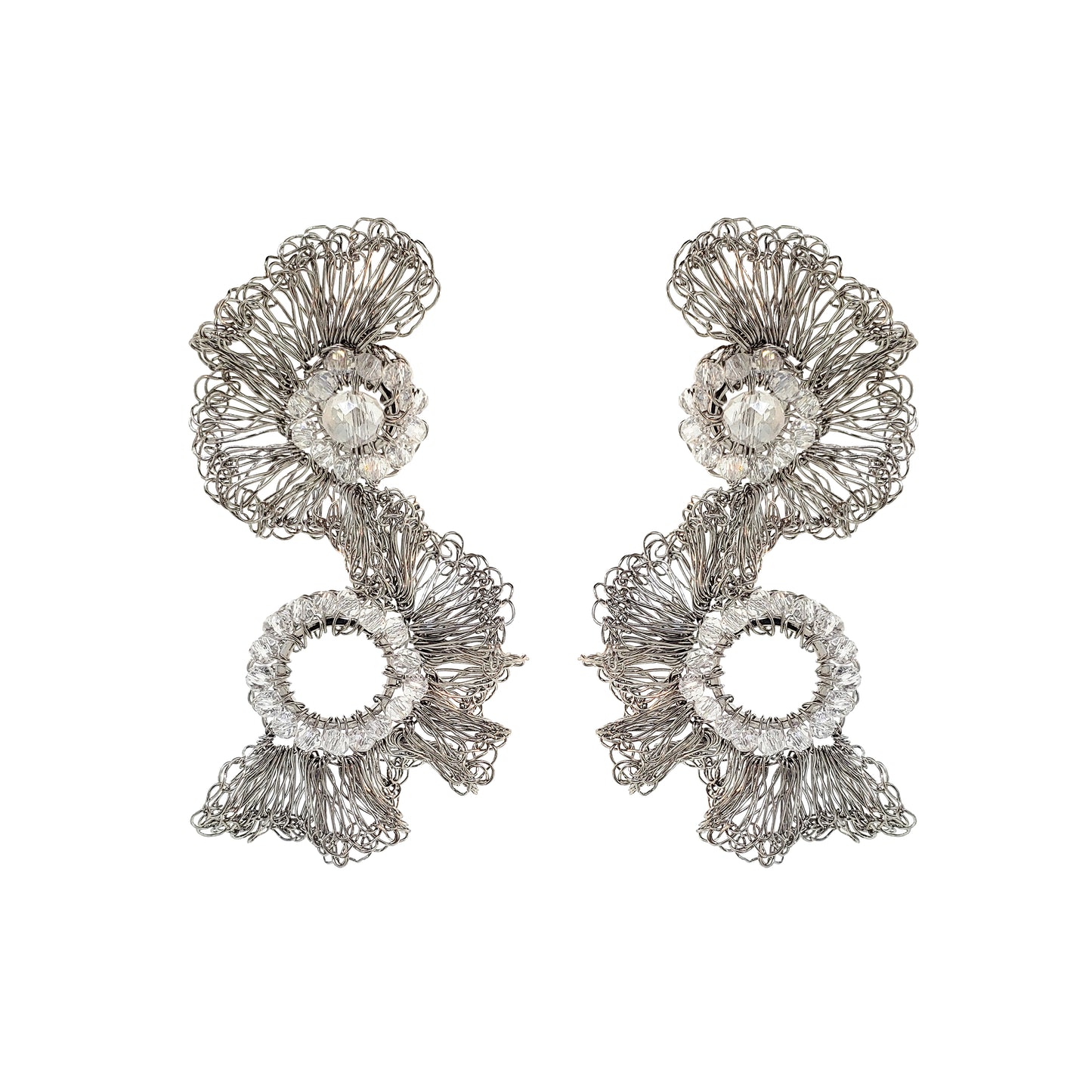 Clear & Silver Gaia Duo Handmade Crochet Earrings