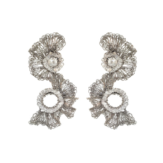 Clear & Silver Gaia Duo Handmade Crochet Earrings