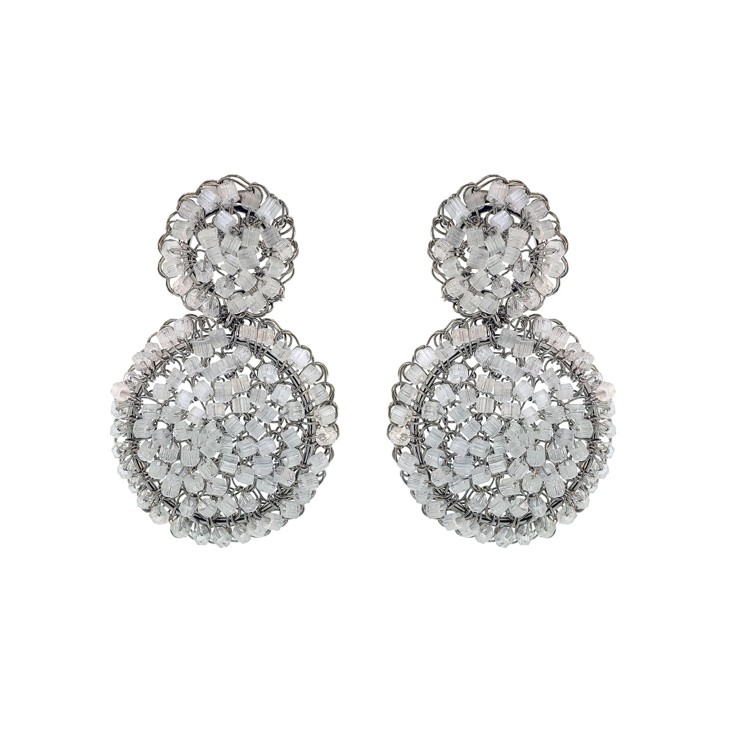 White & Silver Dahlia Mini Handmade Crochet Earrings