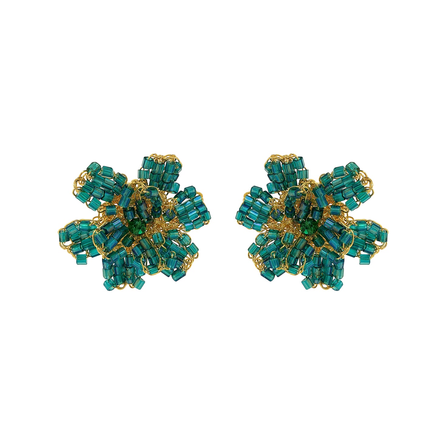 Emerald Green & Gold Aster Post Handmade Crochet Earrings