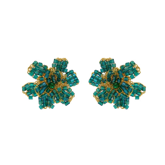 Emerald Green & Gold Aster Post Handmade Crochet Earrings