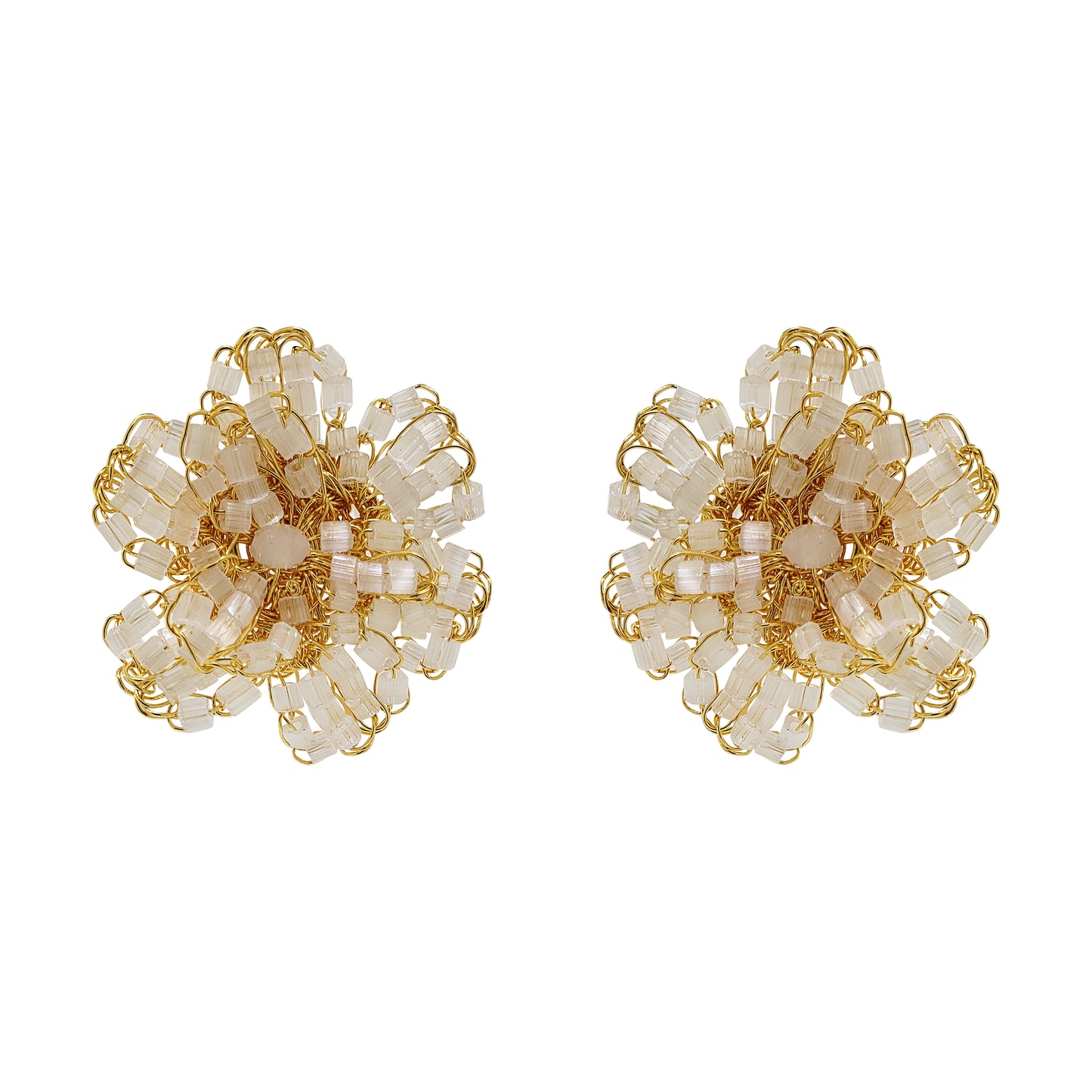 Cream White & Gold Aster Post Handmade Crochet Earrings