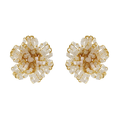 Cream White & Gold Aster Post Handmade Crochet Earrings