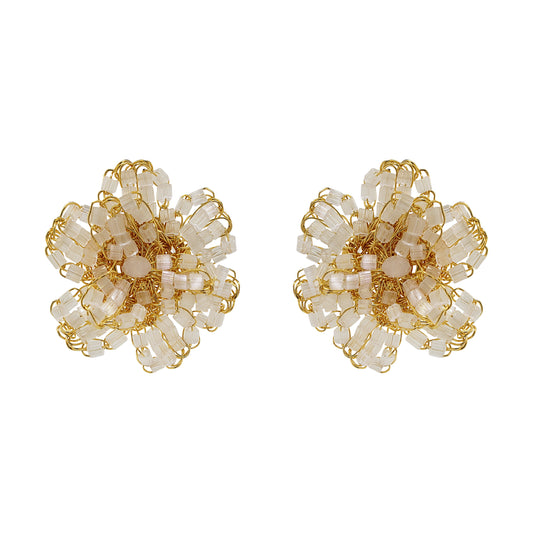 Cream White & Gold Aster Post Handmade Crochet Earrings