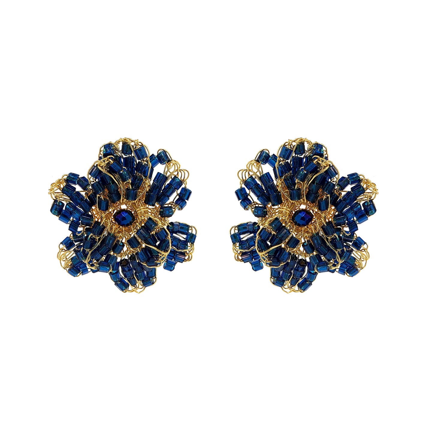 Dark Blue & Gold Aster Post Handmade Crochet Earrings