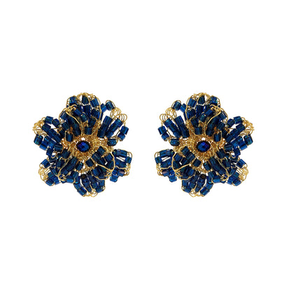 Dark Blue & Gold Aster Post Handmade Crochet Earrings