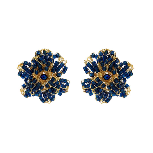 Dark Blue & Gold Aster Post Handmade Crochet Earrings