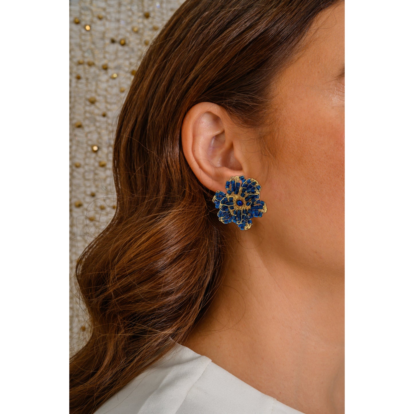Dark Blue & Gold Aster Post Handmade Crochet Earrings