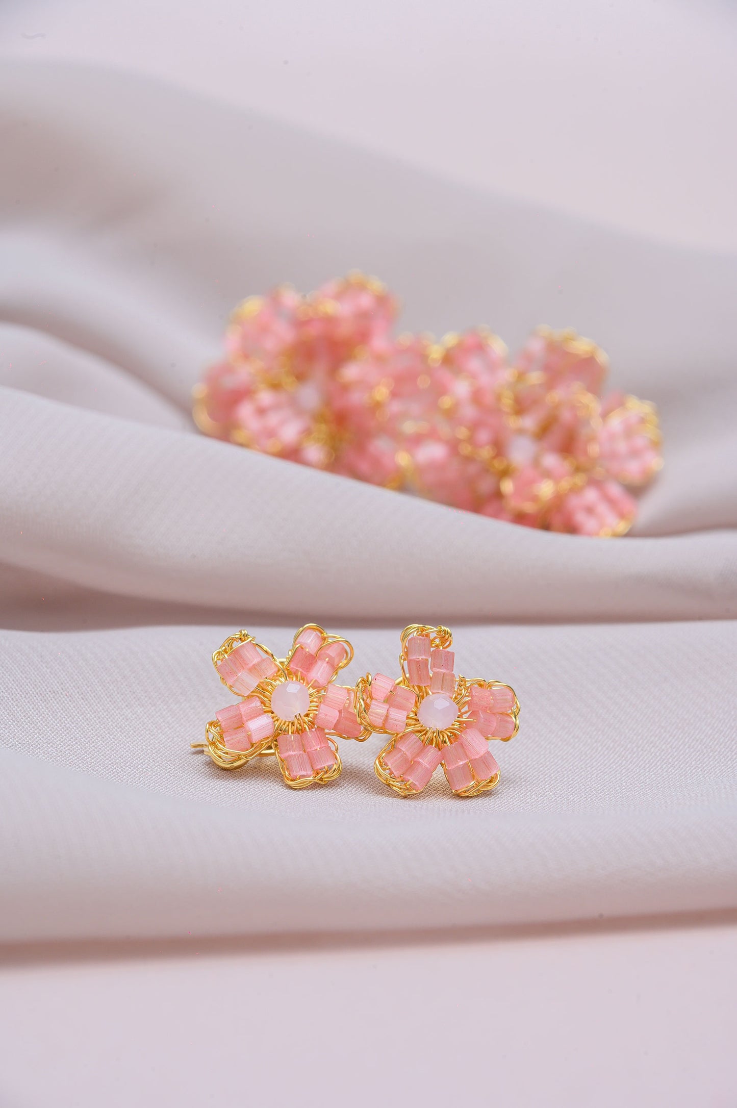 Soft Pink & Gold Aster Mini Post Handmade Crochet Earrings