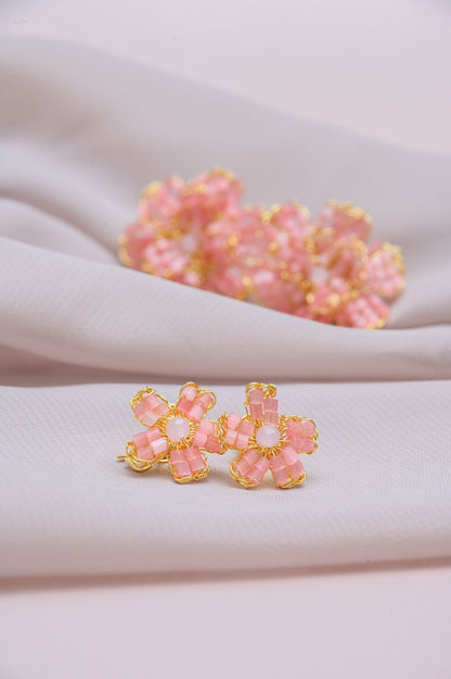 Soft Pink & Gold Aster Mini Post Handmade Crochet Earrings