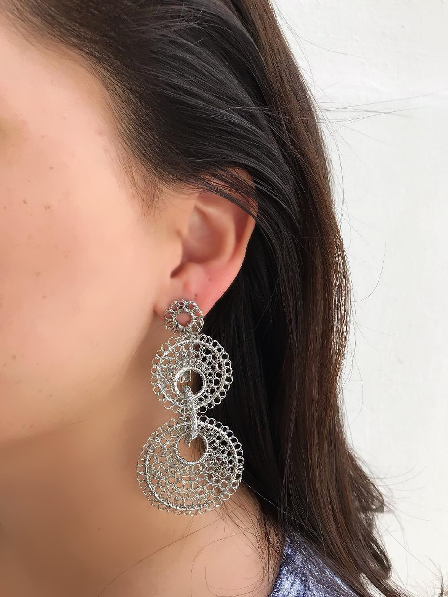 All Silver Iris Handmade Crochet Earrings