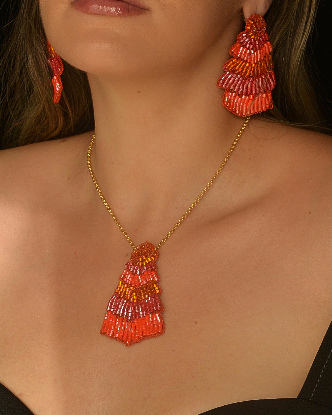 Coral Red Mix Chevron Handmade Crochet Necklace