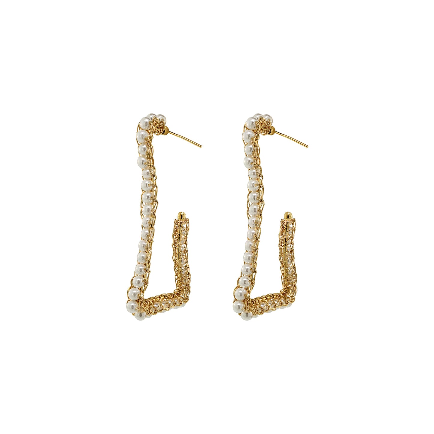 Pearl & Gold Trapeza Hoops Handmade Crochet Earrings