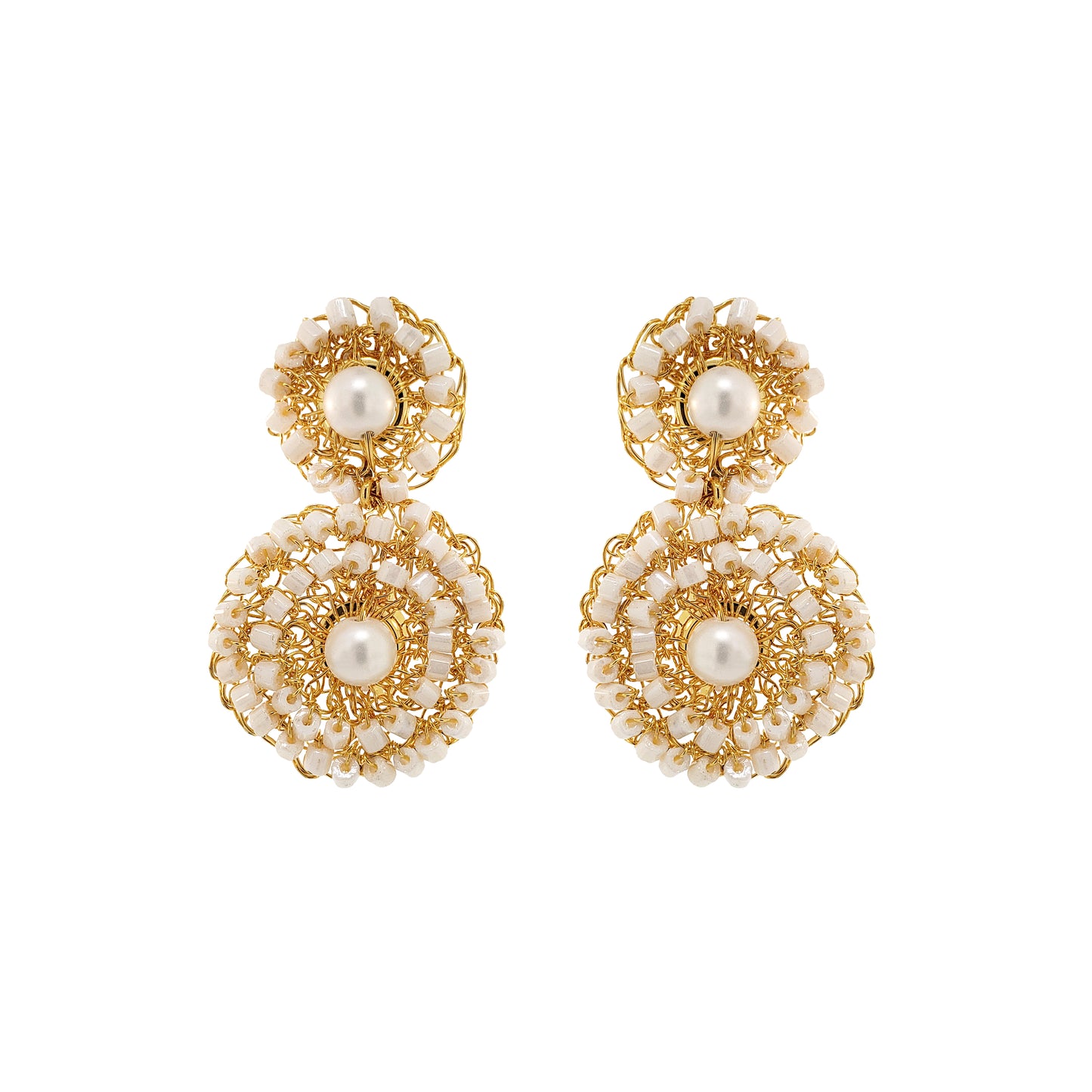 Pearl White & Gold Patch Mini Handmade Crochet Earrings