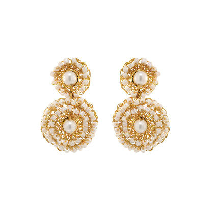Pearl White & Gold Patch Mini Handmade Crochet Earrings