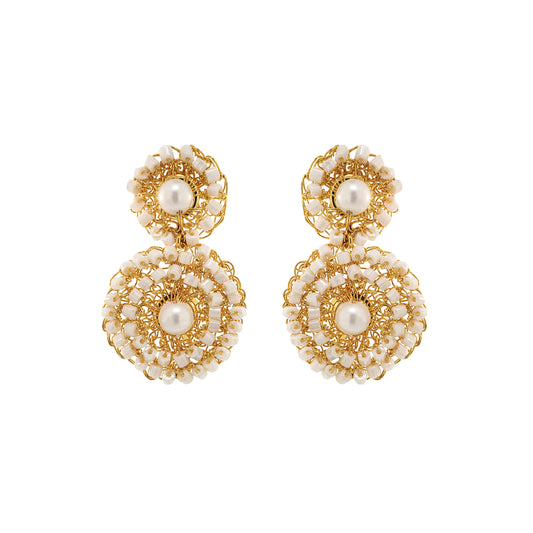 Pearl White & Gold Patch Mini Handmade Crochet Earrings
