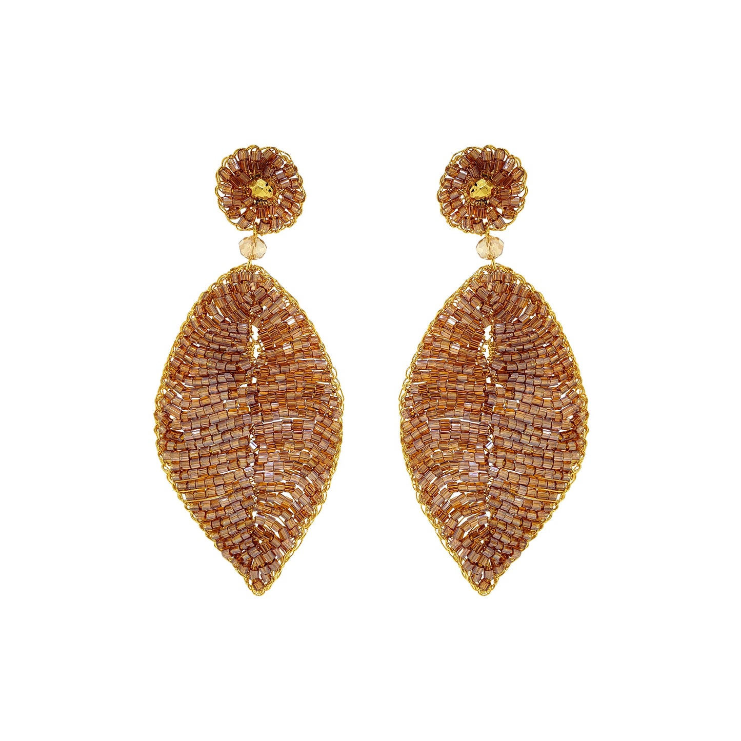 Amber & Gold Leaf Handmade Crochet Earrings