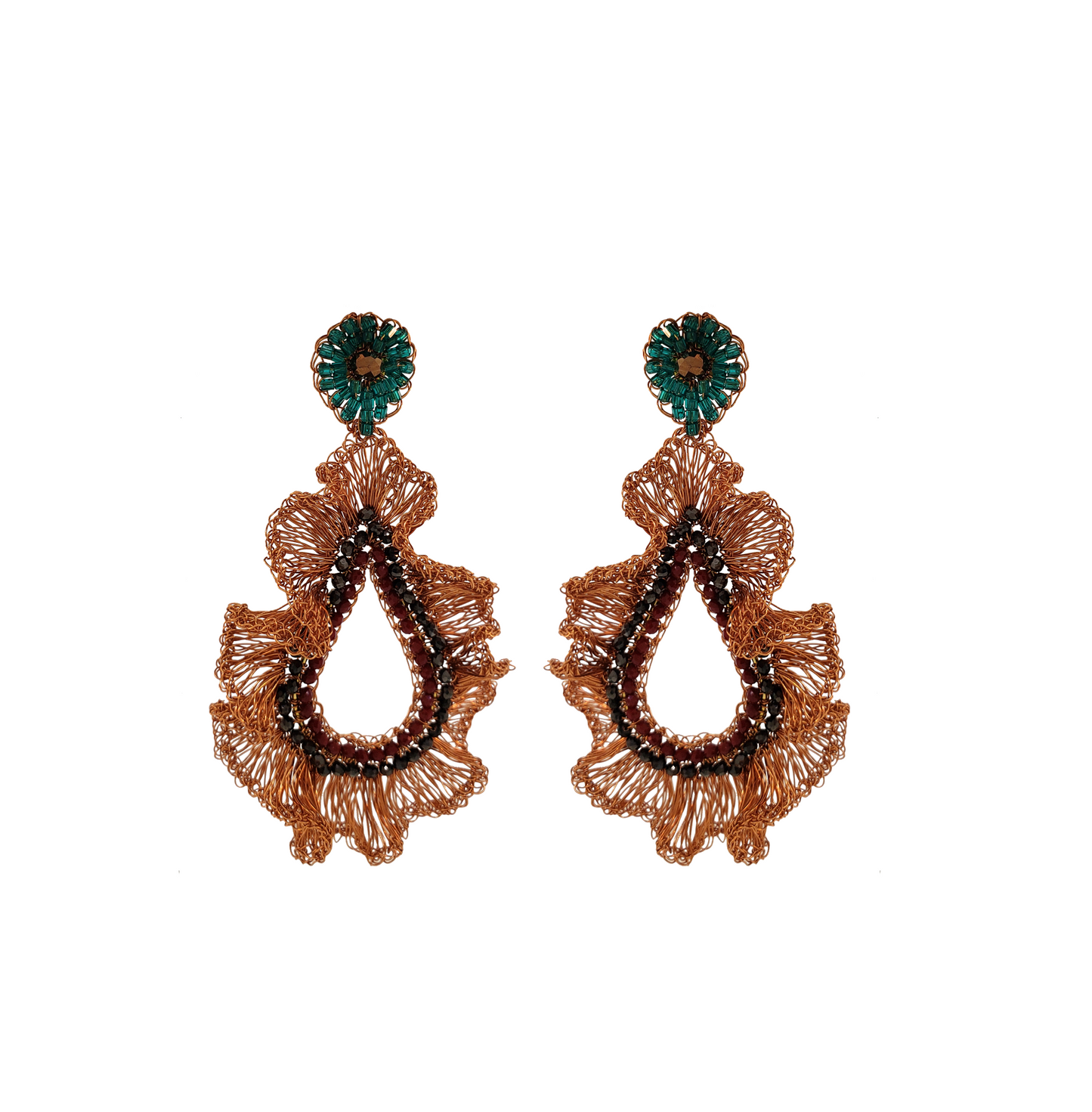 Copper Ruffled Teardrop Handmade Crochet Large Earrings