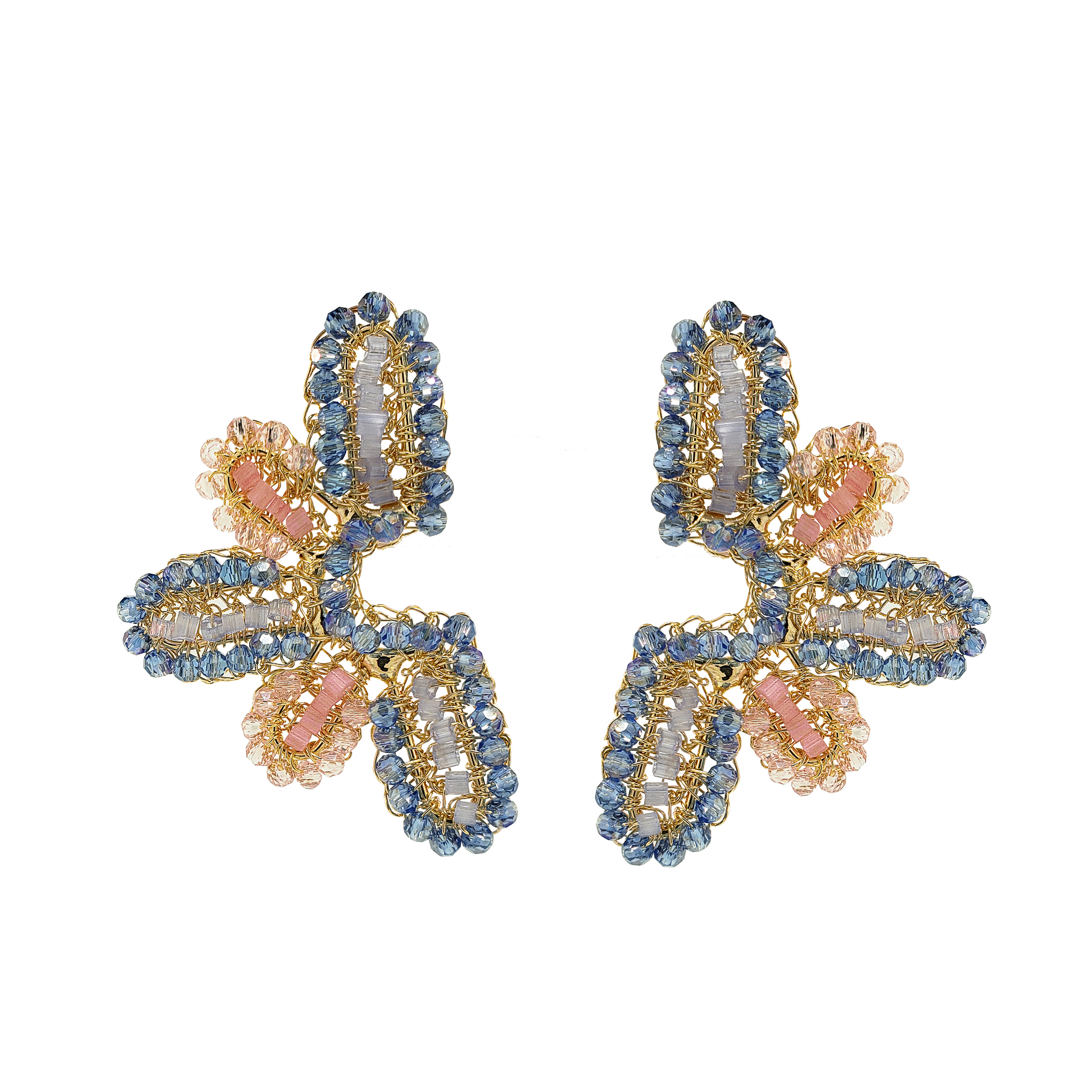 Pair of butterfly-shaped earrings with gold, blue, and pink details on a white background