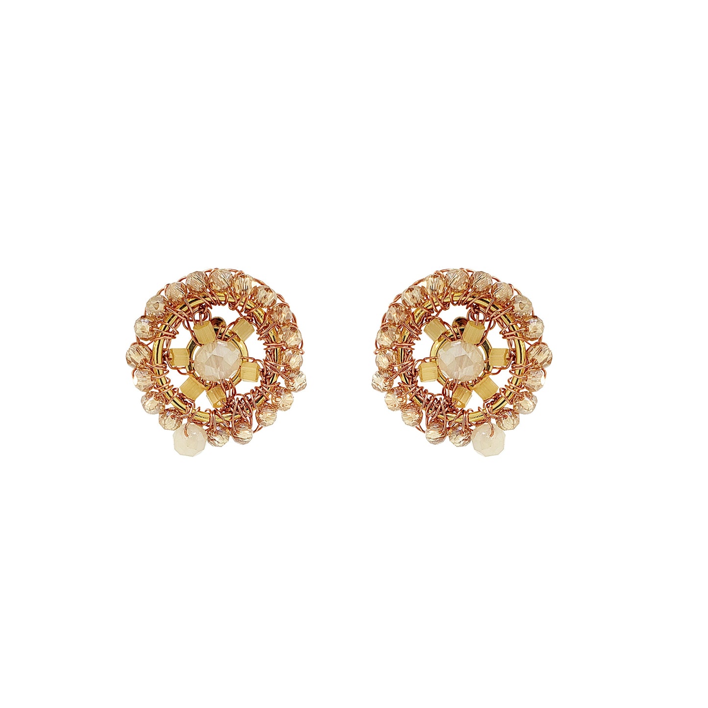 Pair of gold earrings with pearl-like centers on a white background