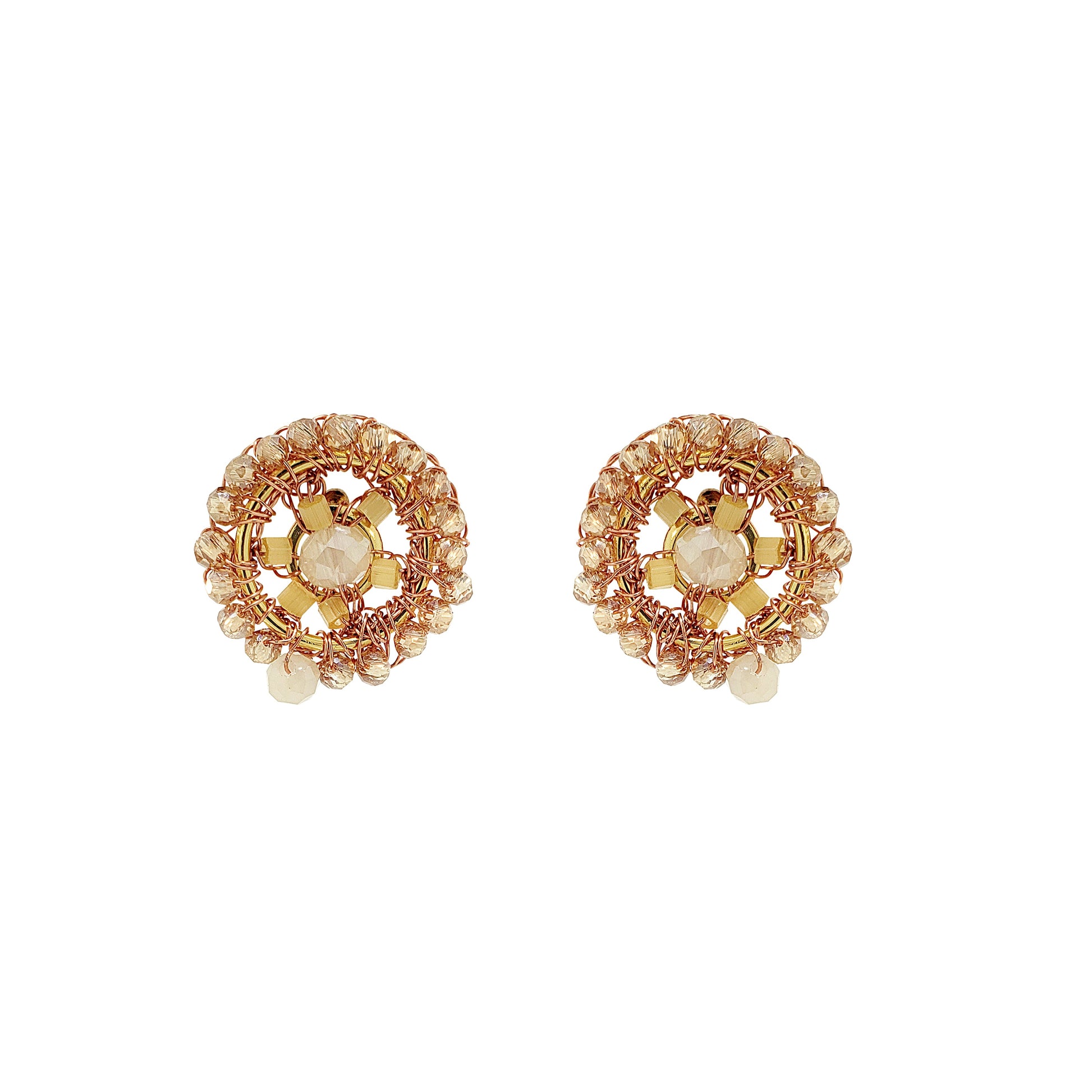 Pair of gold earrings with pearl-like centers on a white background