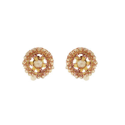 Pair of gold earrings with pearl-like centers on a white background