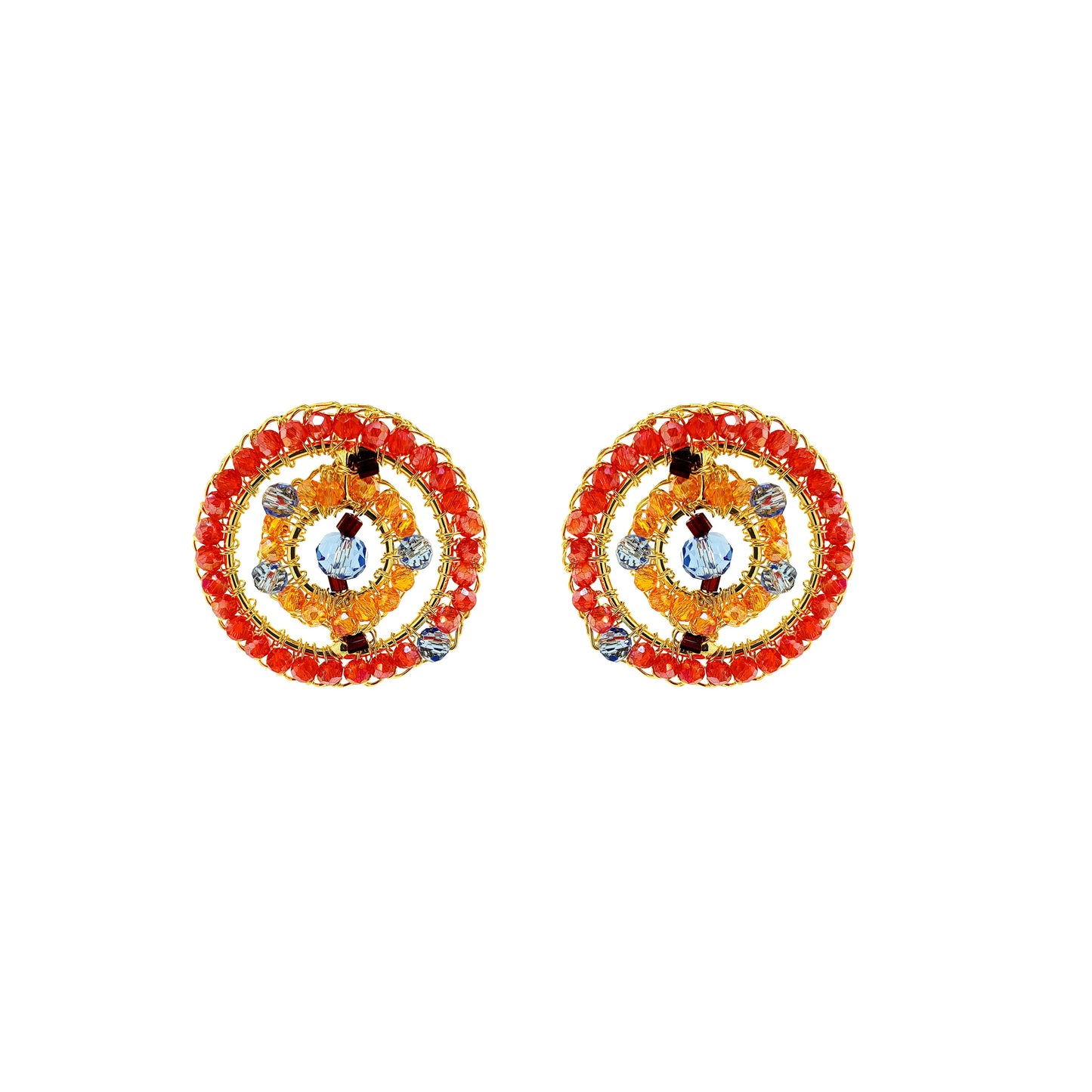 Pair of round earrings with colorful gemstones on a white background