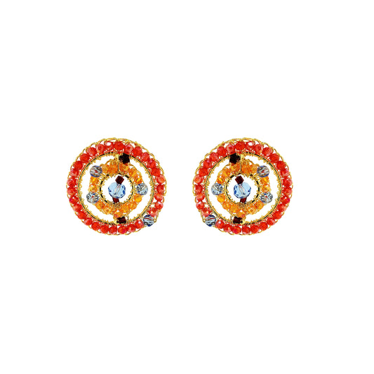 Pair of round earrings with colorful gemstones on a white background