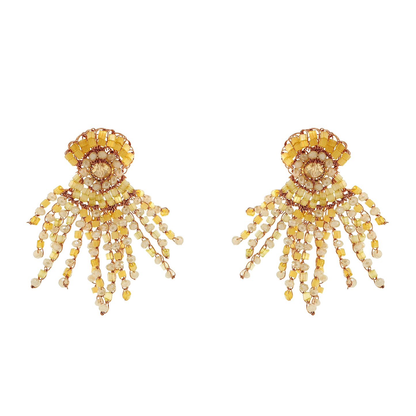 Pair of gold and yellow beaded earrings on a white background