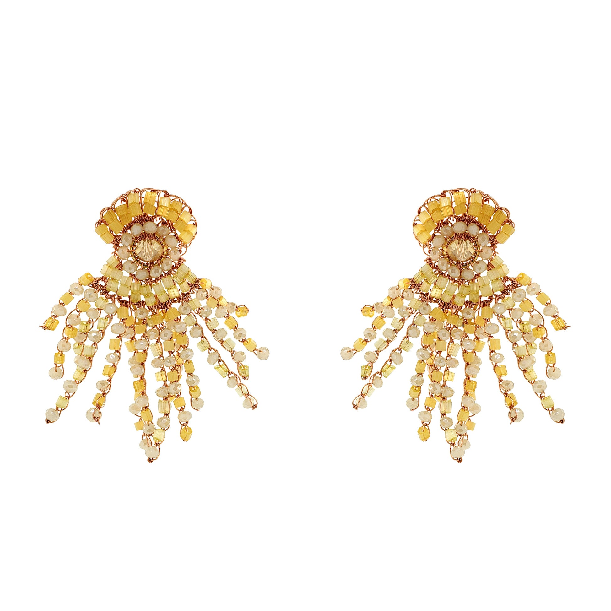 Pair of gold and yellow beaded earrings on a white background