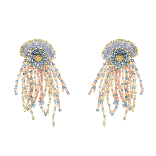 Pair of beaded earrings on a white background