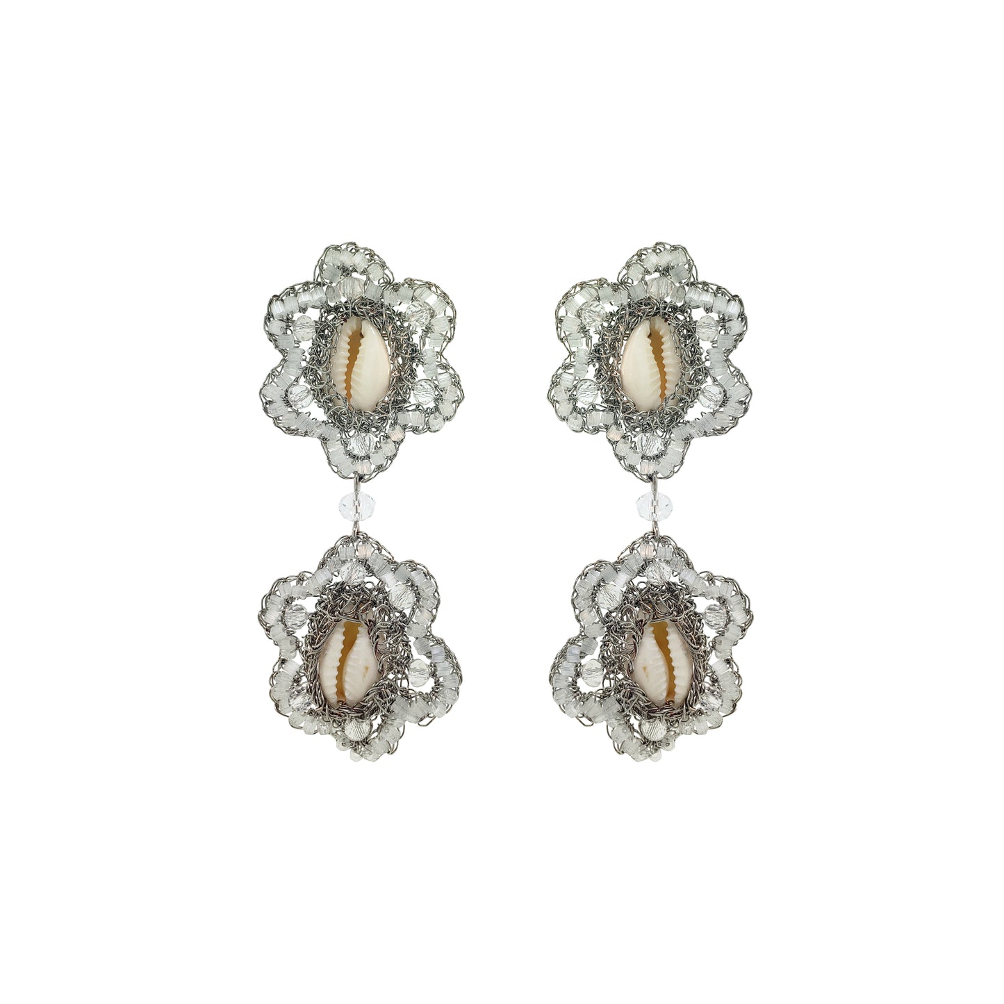 Cream White & Silver Cowrie Duo Handmade Crochet Earrings