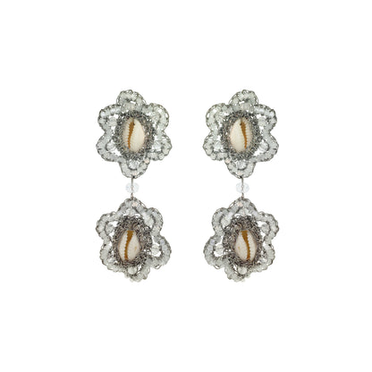 Cream White & Silver Cowrie Duo Handmade Crochet Earrings