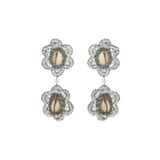 Cream White & Silver Cowrie Duo Handmade Crochet Earrings
