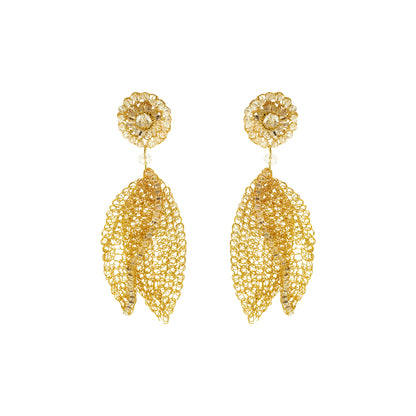 Clear & Gold Tulip Leaf Handmade Crochet Earrings