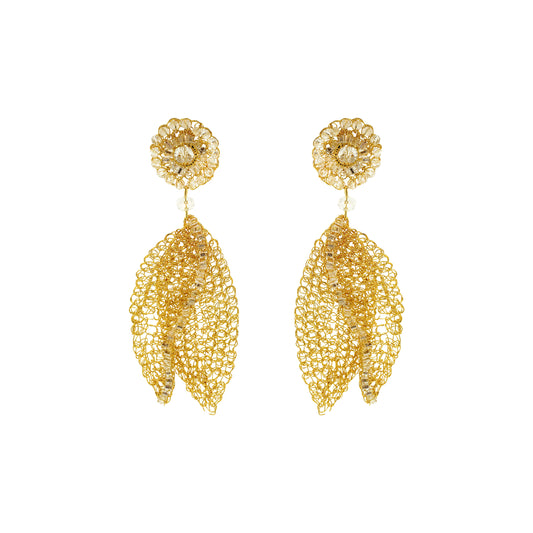 Clear & Gold Tulip Leaf Handmade Crochet Earrings