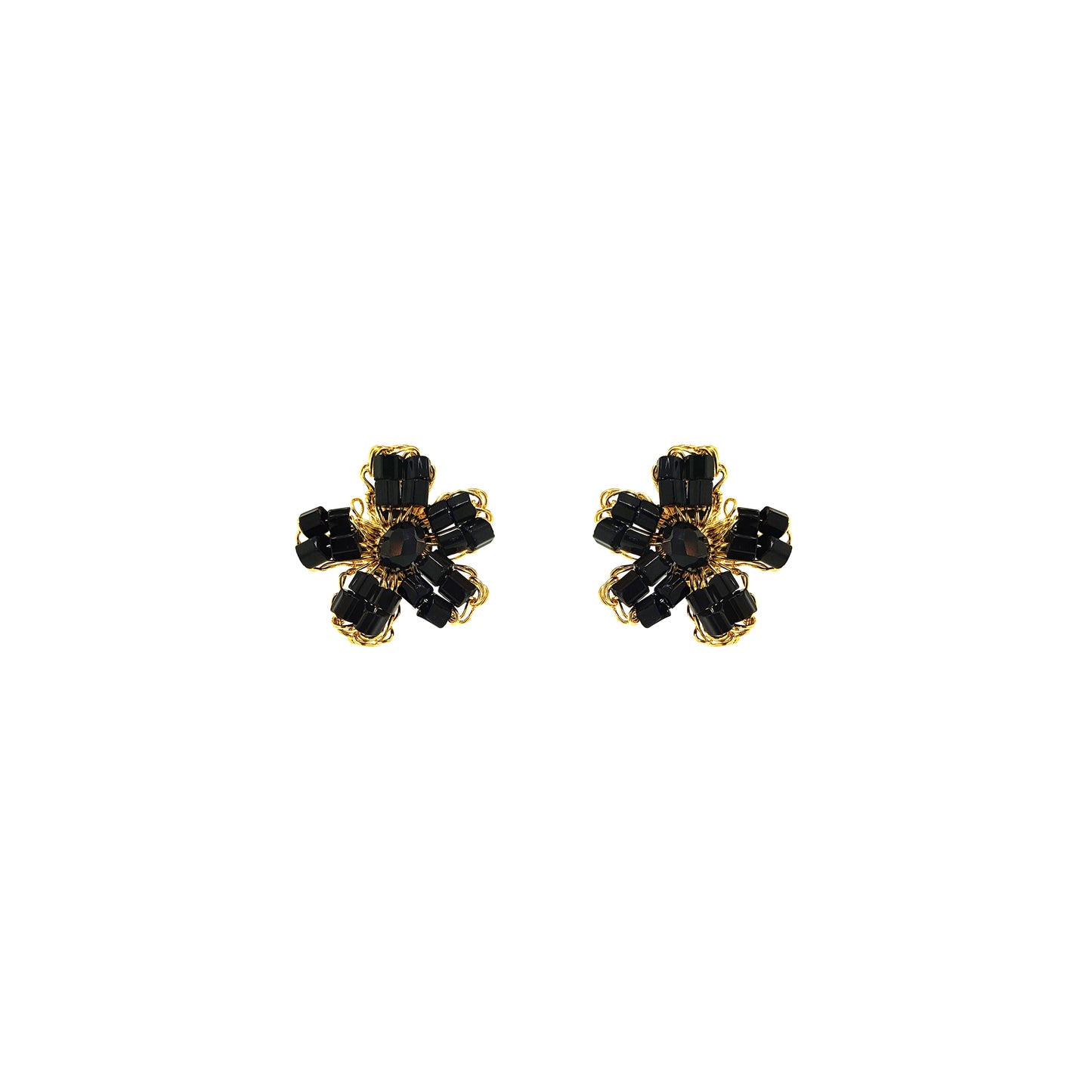 Black & Gold Aster Mini Post Handmade Crochet Earrings