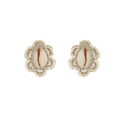 Flower-Rafiia - Off white Gold-Cowrie-Post-Handmade-Crochet-Earrings-18k-gold-filled-wire-hypoallergenic-lightweight-statement-soul-collection