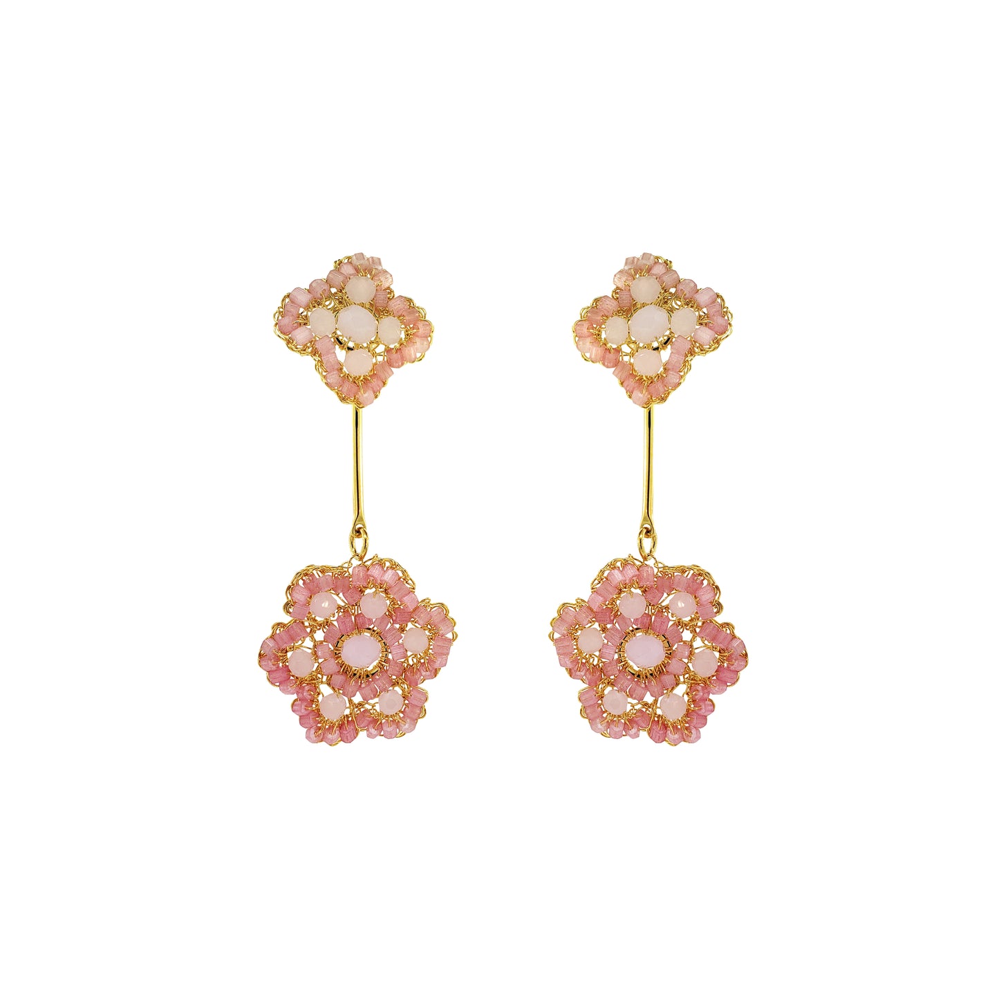 Flower-Drop-Soft-Pink-Gold-Poppy-Dangle-Handmade-Crochet-Earrings-18k-gold-filled-wire-hypoallergenic-lightweight-statement-soul-collection