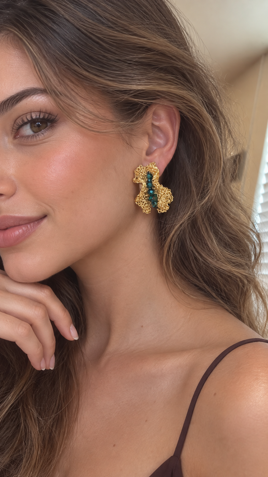 Teal Green & Gold Nalu Maxi Hoops Handmade Crochet Earrings