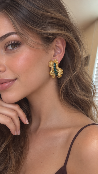 Teal Green & Gold Nalu Maxi Hoops Handmade Crochet Earrings