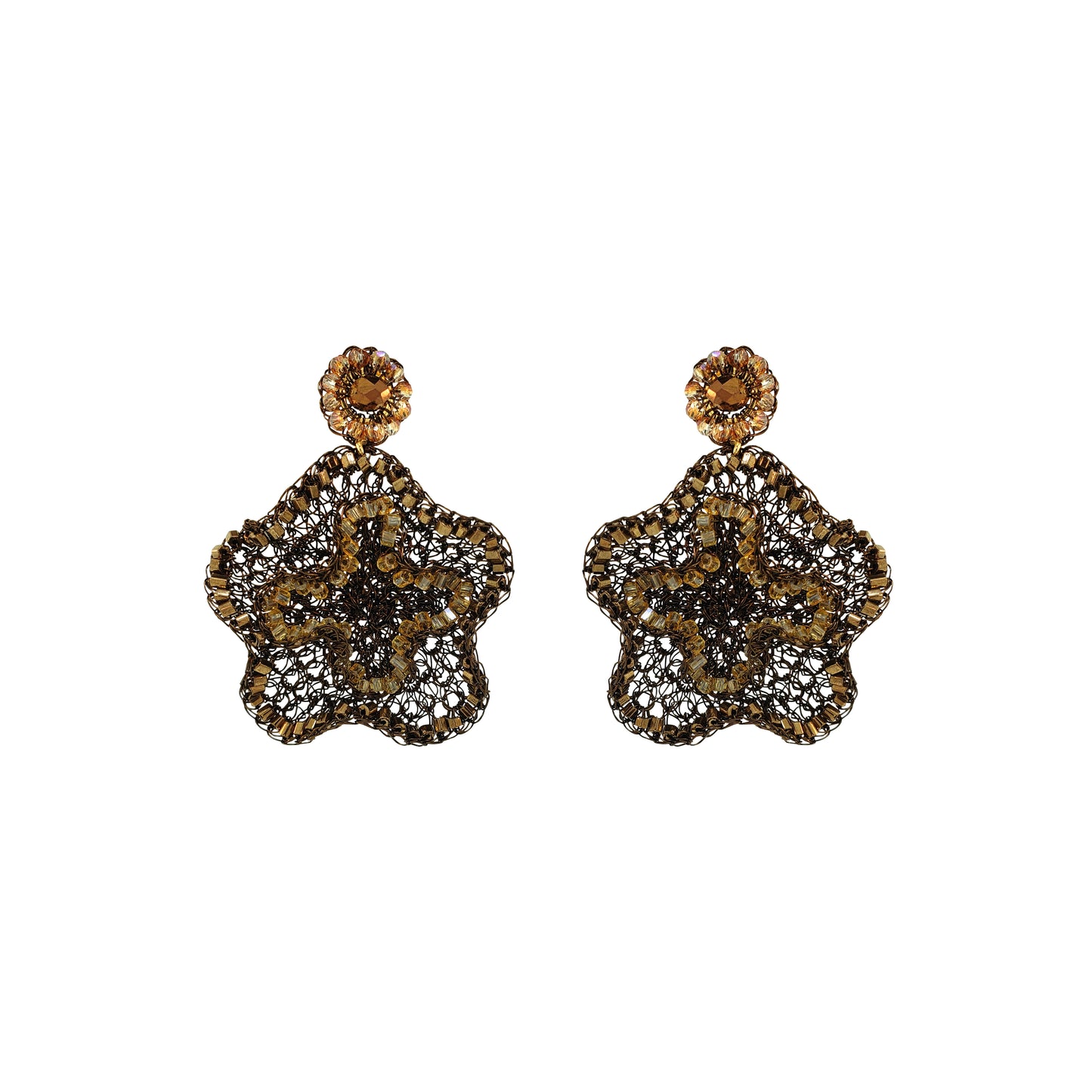 A pair of ornate dangle earrings with a gold-tone floral starburst design, heavily embellished with clear pavé stones and featuring a round amber-brown top stone, shown on a plain white background.